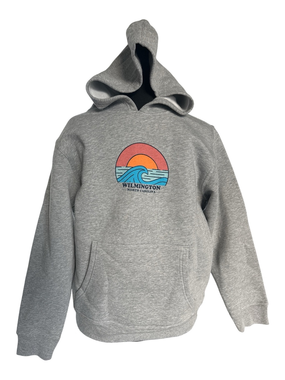 Wilmington NC Gray Hooded Sweatshirt with Sunset Wave Graphic Youth Size